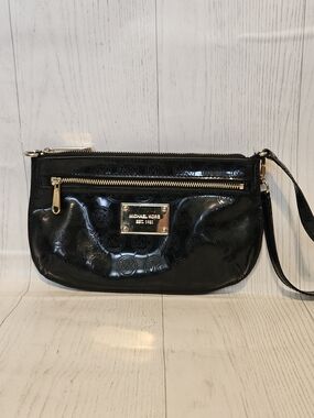 Michael Kors- Black Patent Logo Wristlet Clutch with Gold Hardware